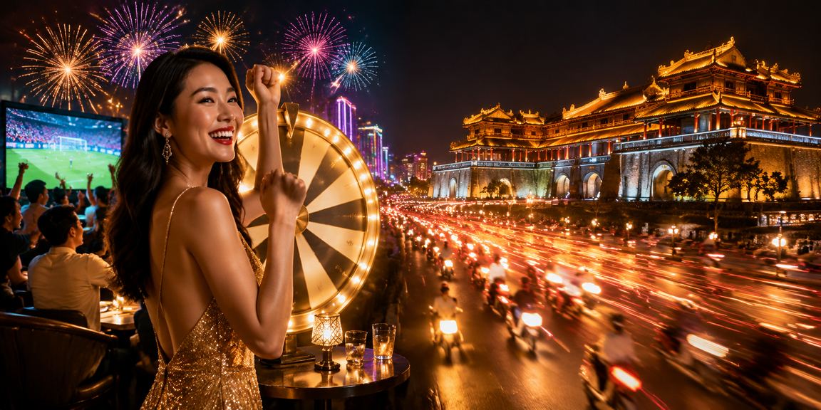 Ánh đèn neon rực rỡ trong không gian chơi slot jackpot may mắn tại Huế